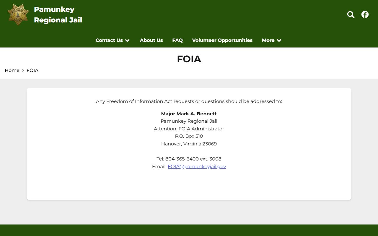 Pamunkey Regional Jail FOIA page for Powhatan County inmate records