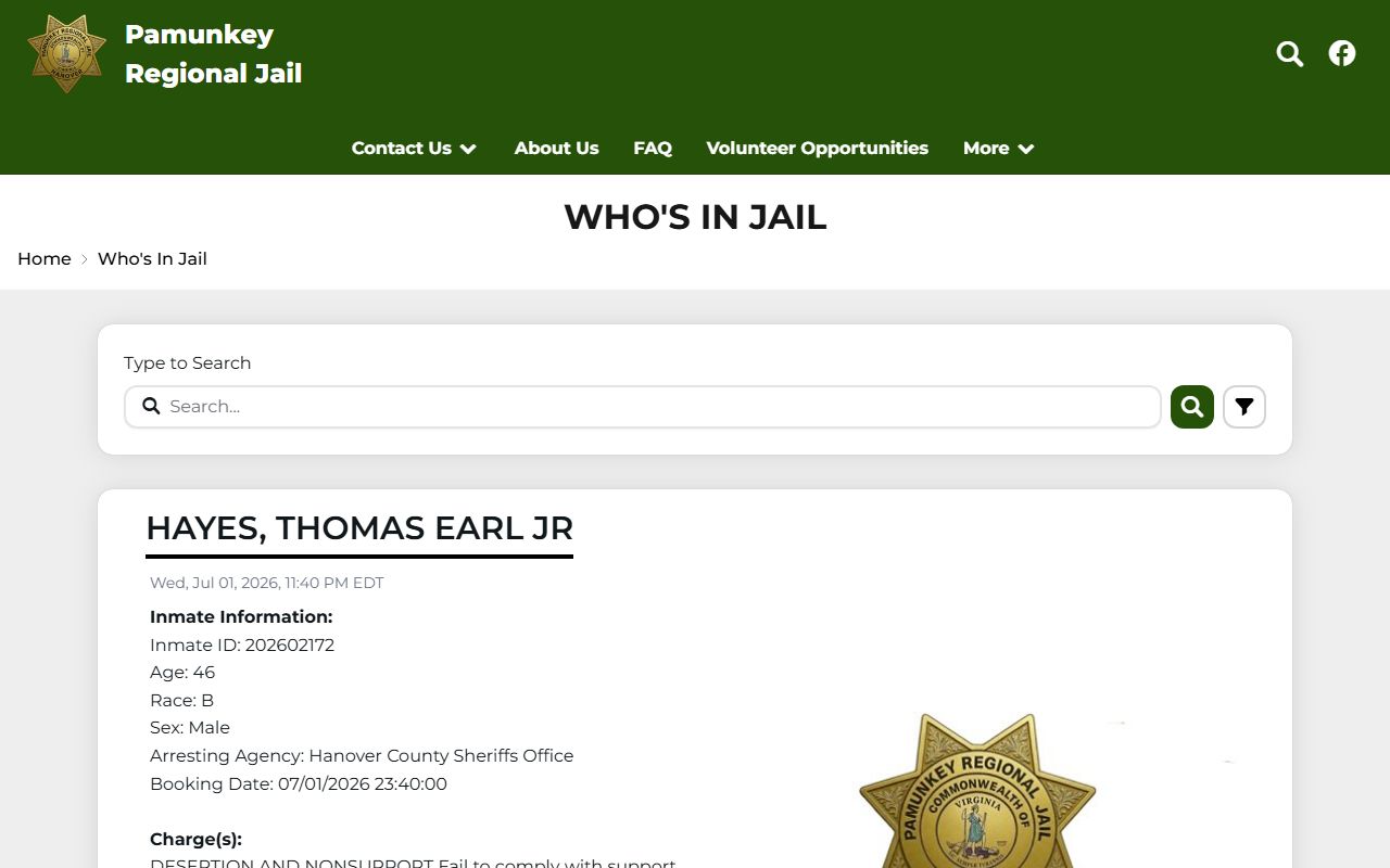 Powhatan County inmate population search on the Pamunkey Regional Jail roster