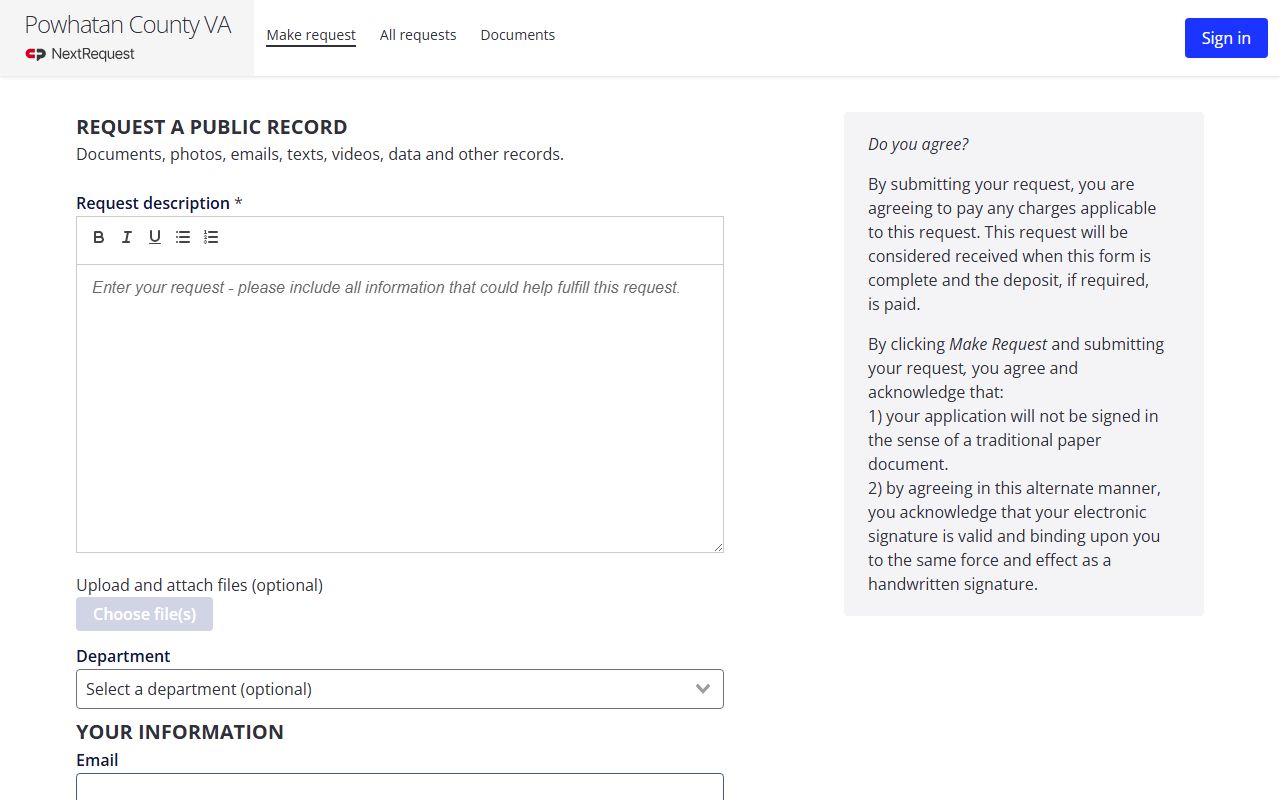 Powhatan County booking photo FOIA request form in NextRequest